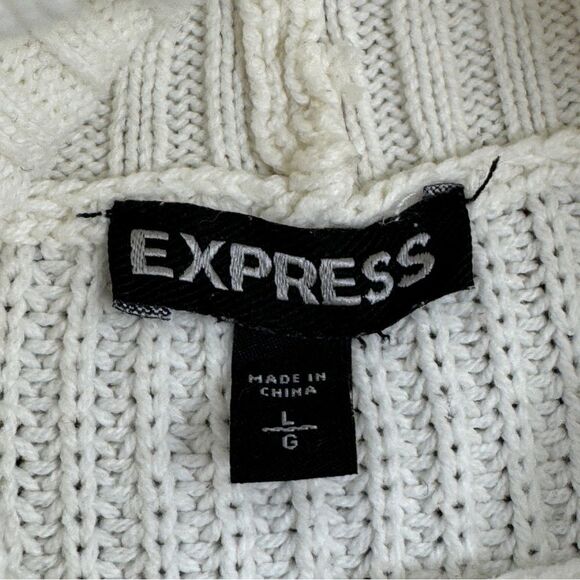 Express Ribbed Asymmetrical Hem Split Side Long Sweater Cream Large Turtle Neck - Picture 9 of 14